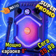 Парти тонколона с БЕЗЖИЧЕН МИКРОФОН, акумулаторна, 8 инча бас, 25W Pmax, до 10 часа безжична работа, караоке